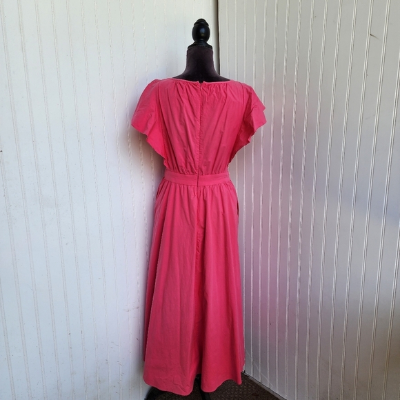 Ann Taylor Pink Poplin Flutter Sleeve V Neck Midi Dress Pockets Cotton Blend 4 - Picture 6 of 13